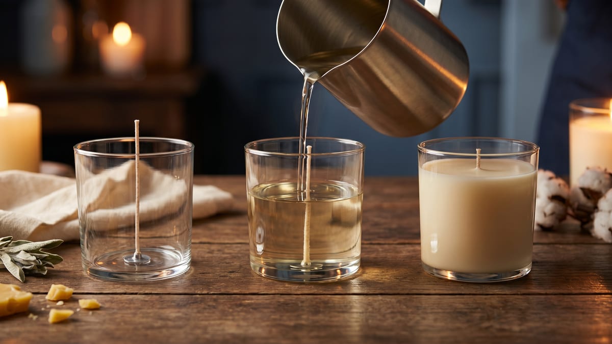 Melted wax poured from a steel pitcher into a wicked glass jar, between an empty prepared jar and a finished cream candle