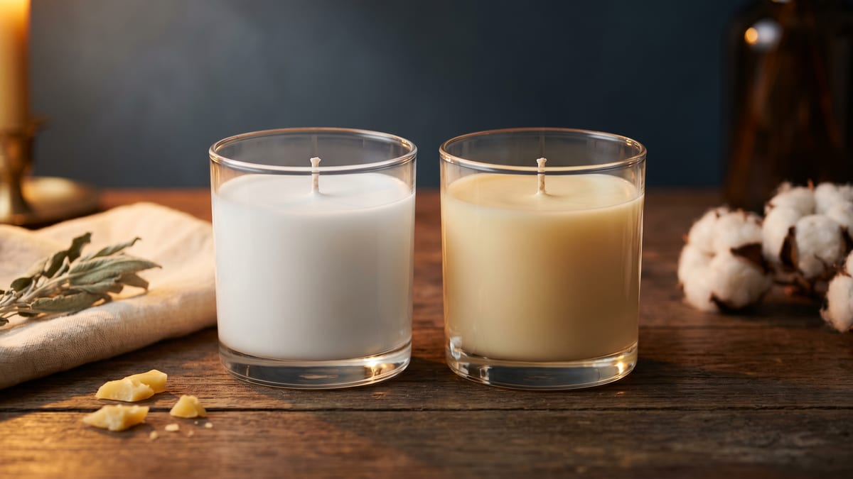 Two candles side by side on a wood surface, one white and one ambered from vanillin discoloration, showing the color shift vanillin causes over time