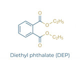 Blue skeletal chemical structure of diethyl phthalate, labeled Diethyl phthalate (DEP)