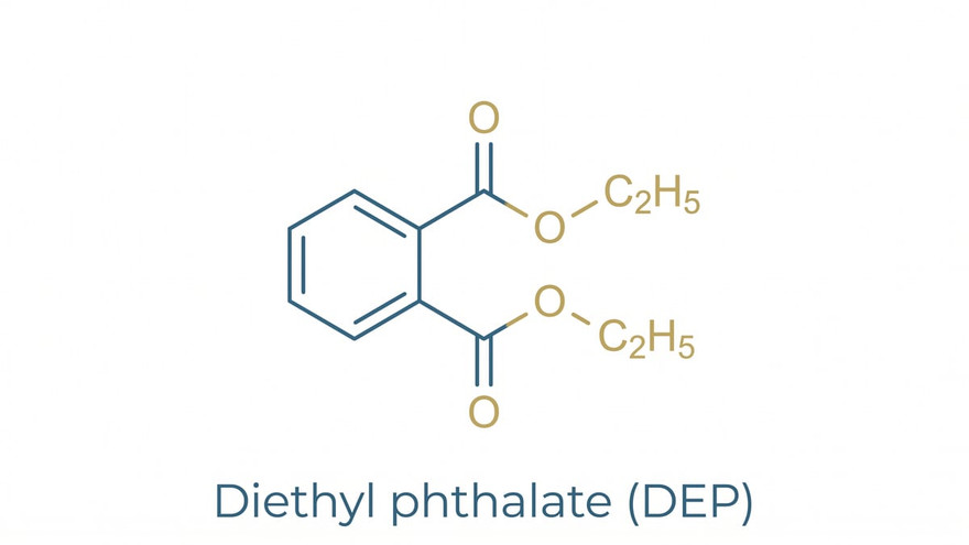 Blue skeletal chemical structure of diethyl phthalate, labeled Diethyl phthalate (DEP)