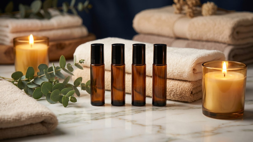 Four amber glass roller bottles on marble with lit candles, folded towels, and eucalyptus
